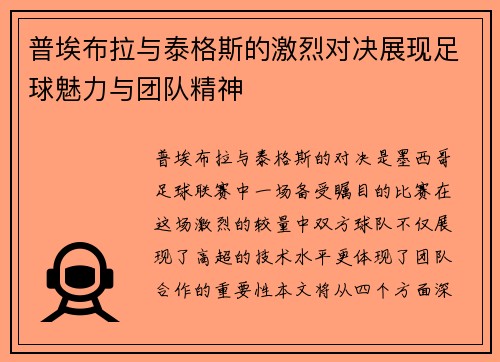 普埃布拉与泰格斯的激烈对决展现足球魅力与团队精神